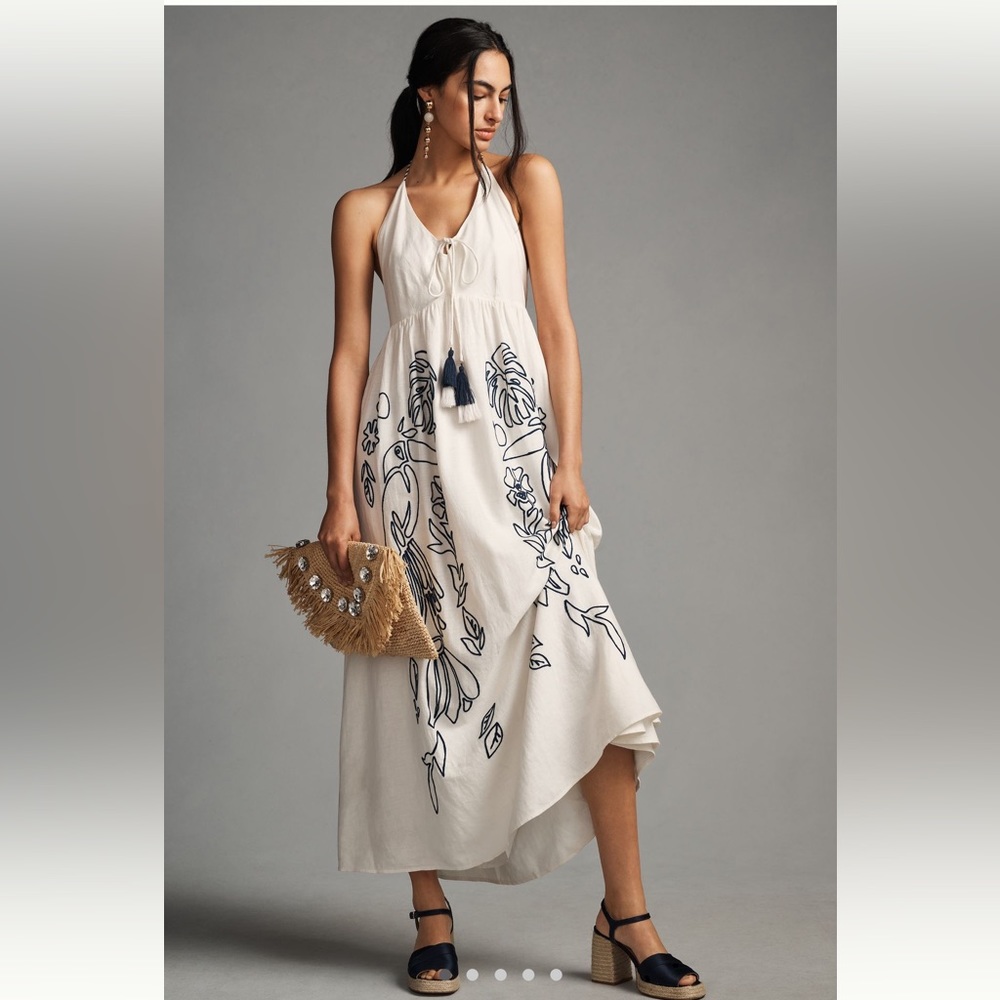 FARM Rio White and Blue Halter Dress